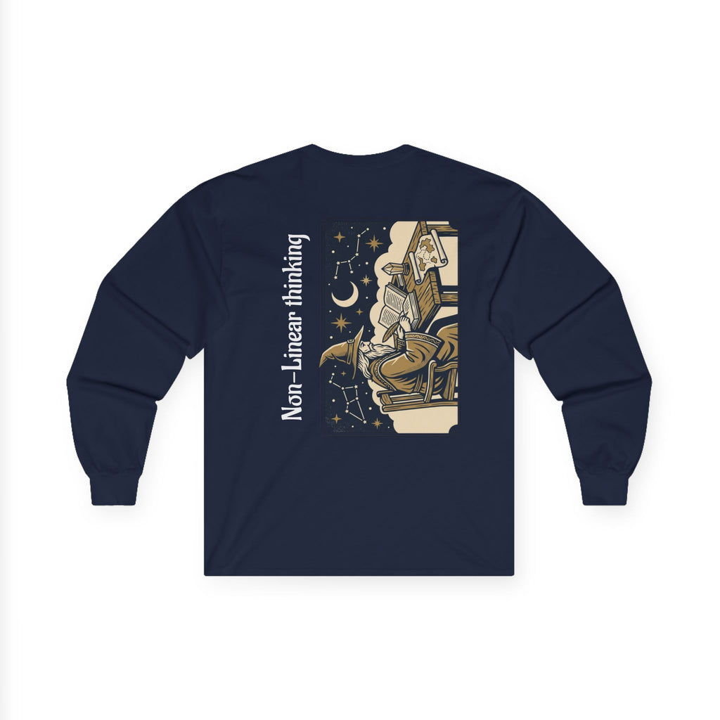 Navy blue long-sleeve shirt with a graphic design and text on the back against a white background